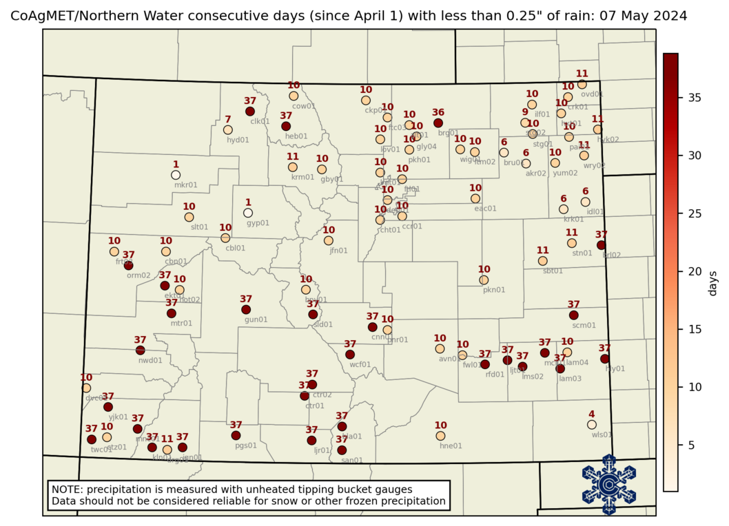 Days since 0.25" precipitation map for yesterday