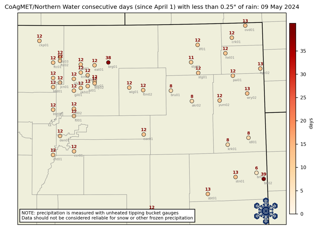 Days since 0.25" precipitation map for yesterday